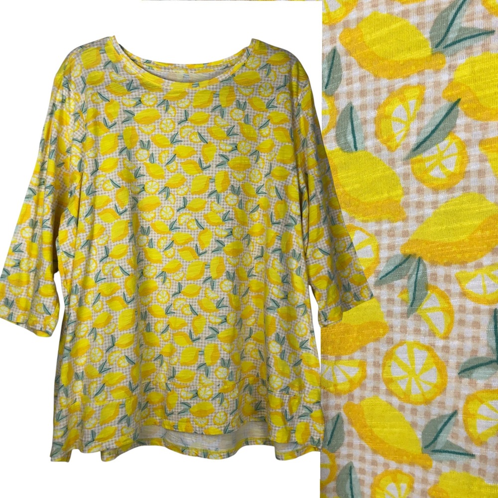 Lands' End Womens Lemon Print T-Shirt Size 2X Yellow Picnic Barbecue Summer‎